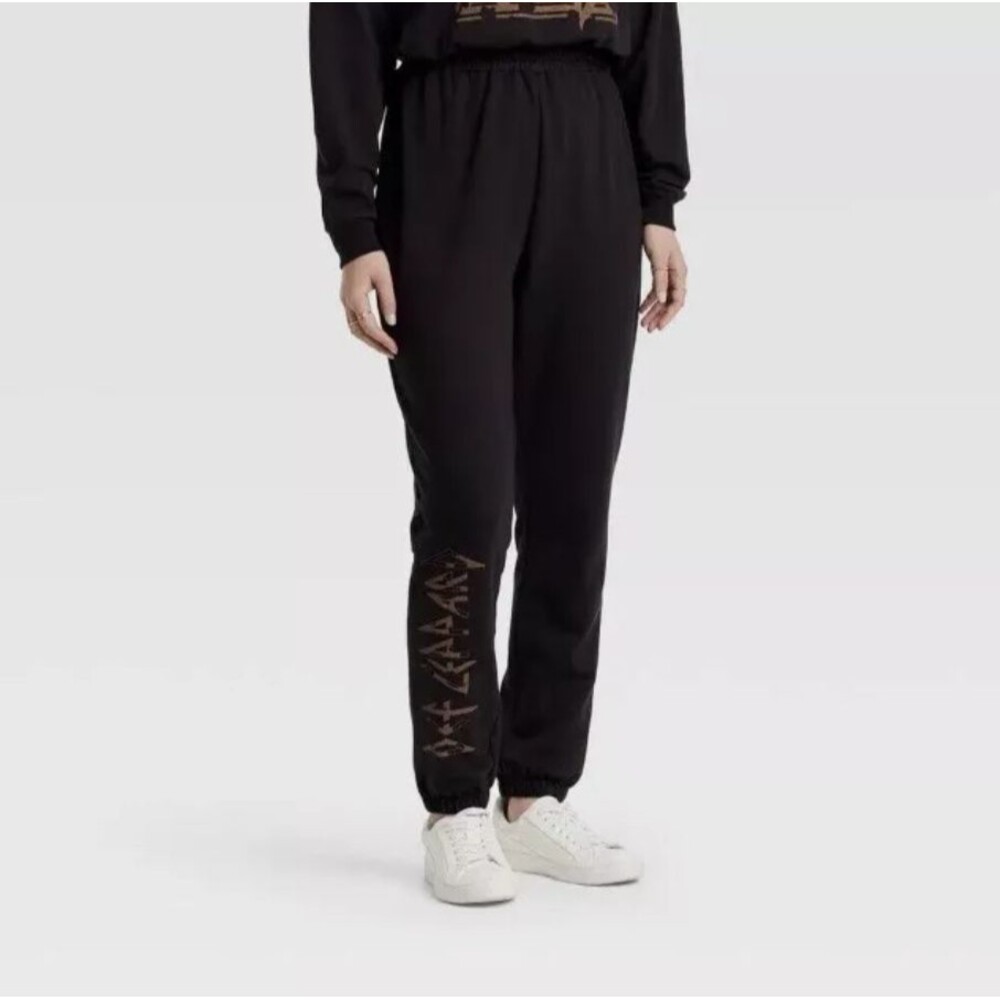 Women's Def Leppard Graphic Jogger Fleece Pants - Elastic Waist, Black, Small